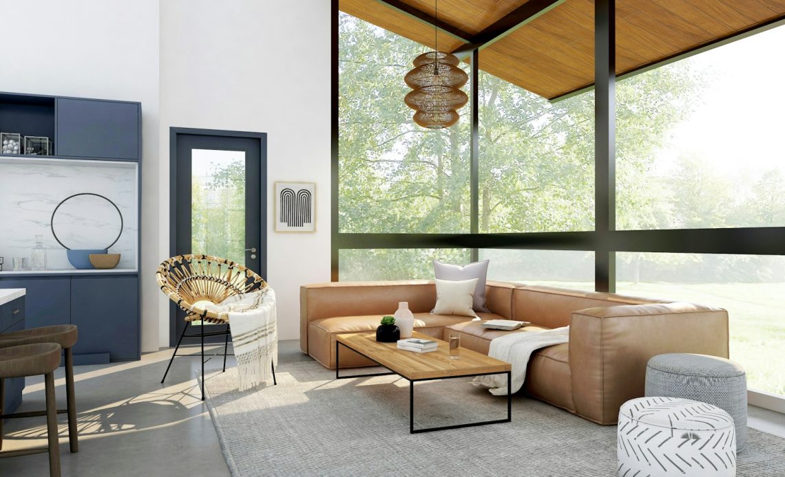 living room with brown sofa and glass window